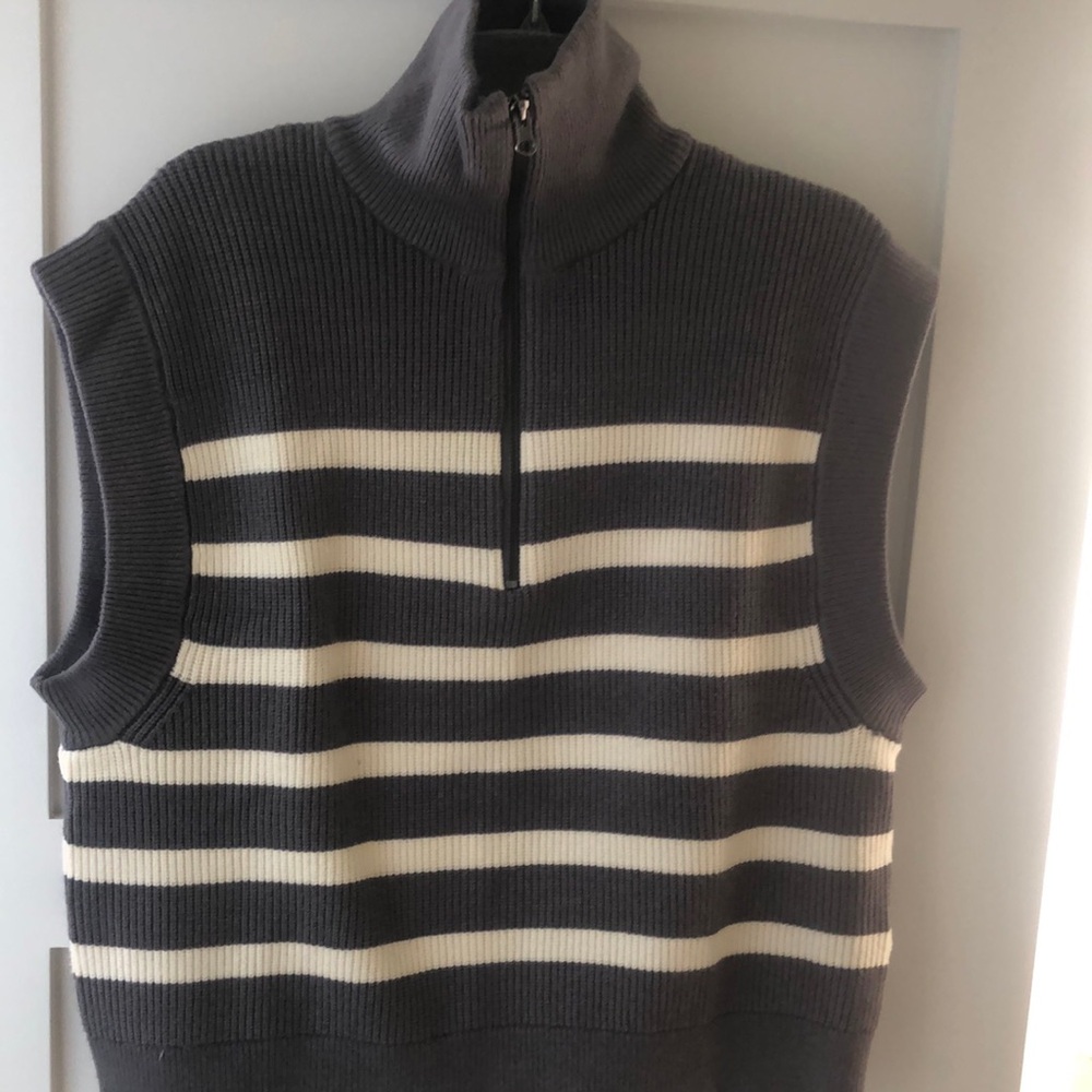 Gray and White Striped Sleeveless Sweater